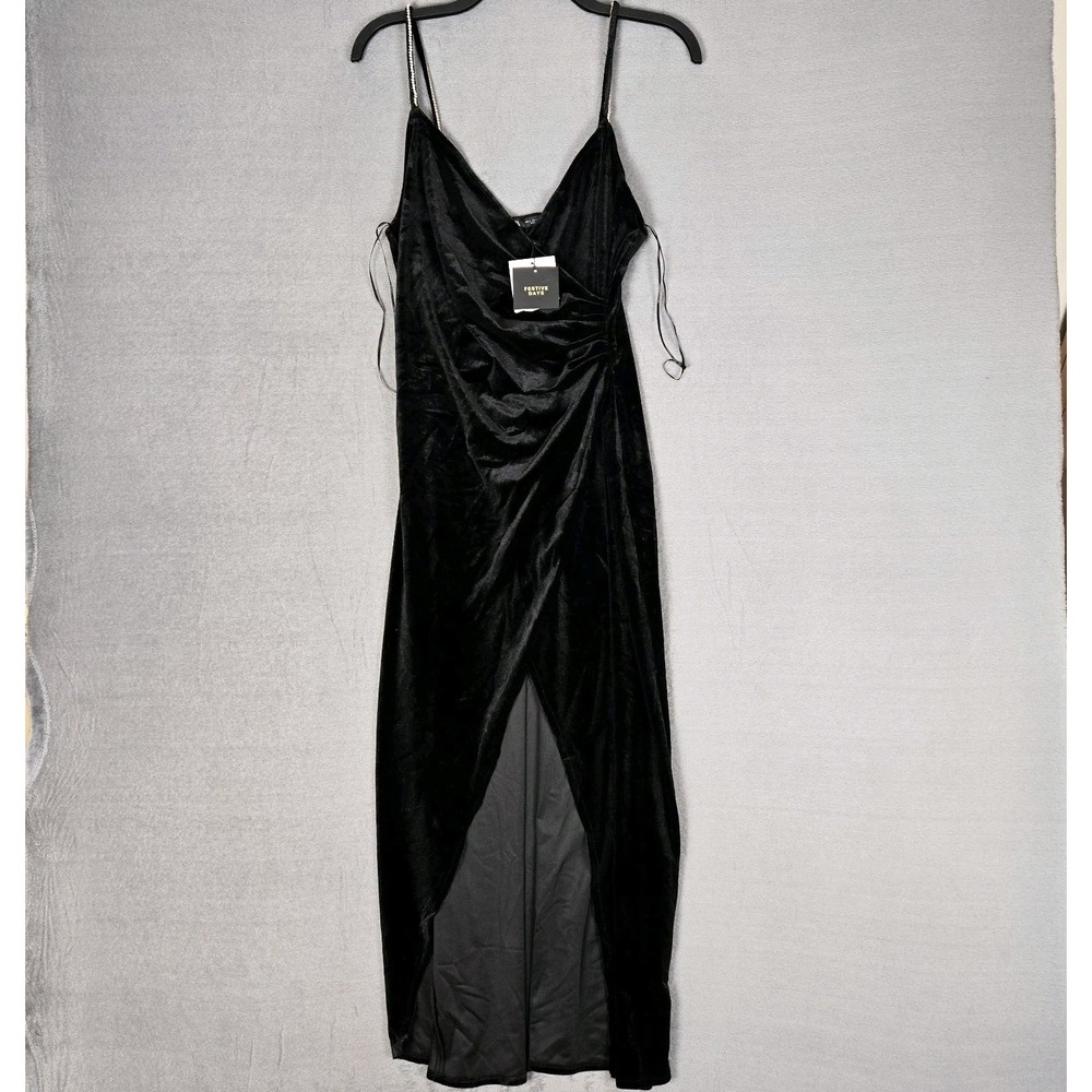 Zara Dress Festive Days Dress Womens Large Black Velvet Rhinestone Strap Glam